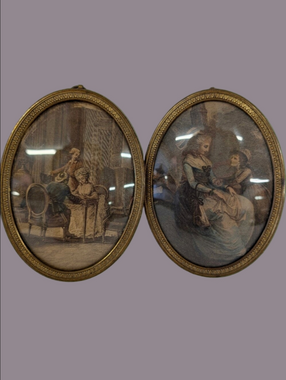 Victorian French Metal Oval  Mini Framed Art Prints Brass Frames - Set of 2